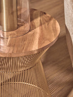 Natural Wood Top Small Coffee Table with Gold Open Wire Hourglass Design Base