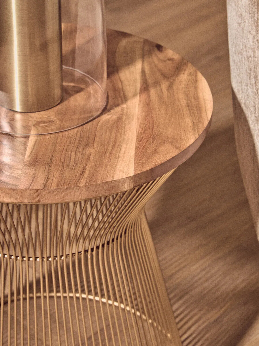 Natural Wood Top Small Coffee Table with Gold Open Wire Hourglass Design Base