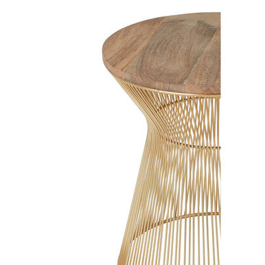 Natural Wood Top Small Coffee Table with Gold Open Wire Hourglass Design Base