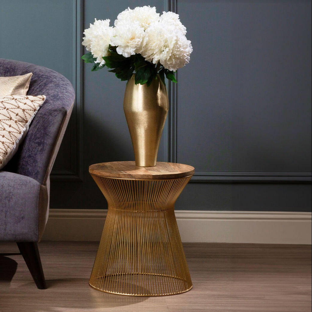 Natural Wood Top Small Coffee Table with Gold Open Wire Hourglass Design Base