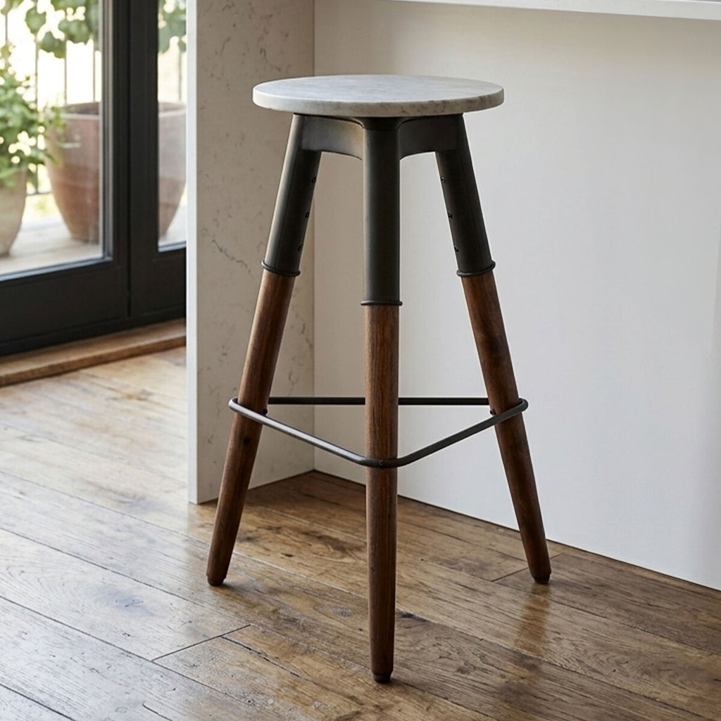 White Marble and Wood Bar Stool