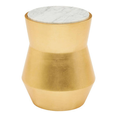 White Marble and Gold Finish Drum Side Table