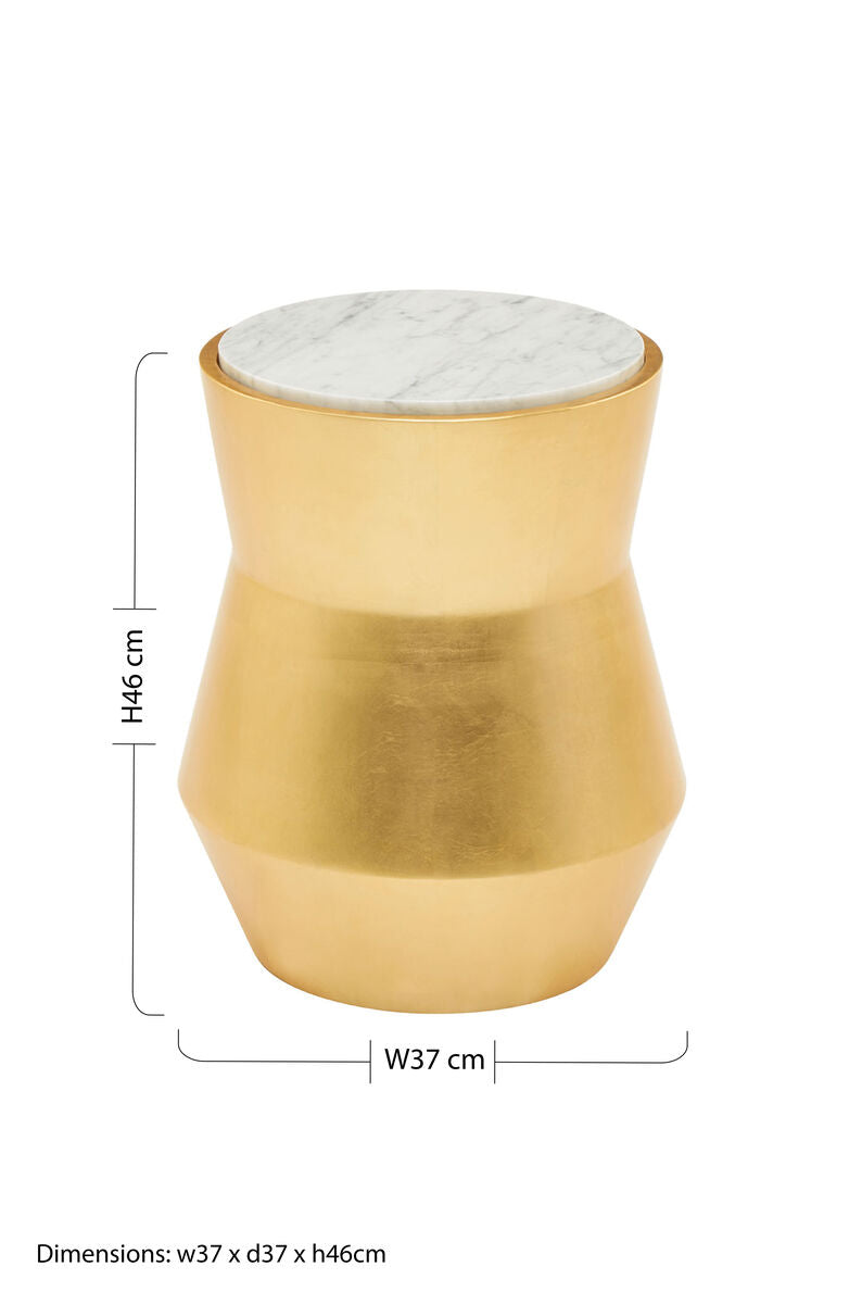 White Marble and Gold Finish Drum Side Table