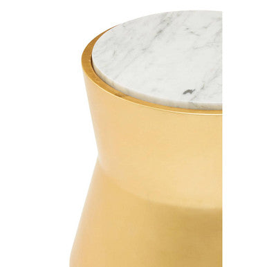 White Marble and Gold Finish Drum Side Table