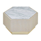 White Marble and Oak Wood Hexagon Side Table