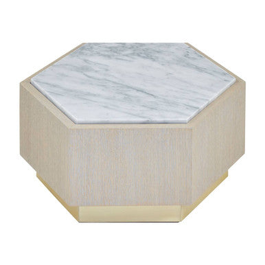 White Marble and Oak Wood Hexagon Side Table