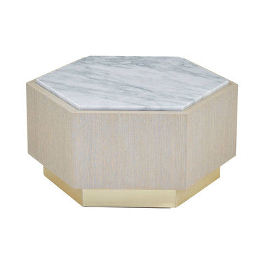 White Marble and Oak Wood Hexagon Side Table