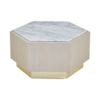 White Marble and Oak Wood Hexagon Side Table