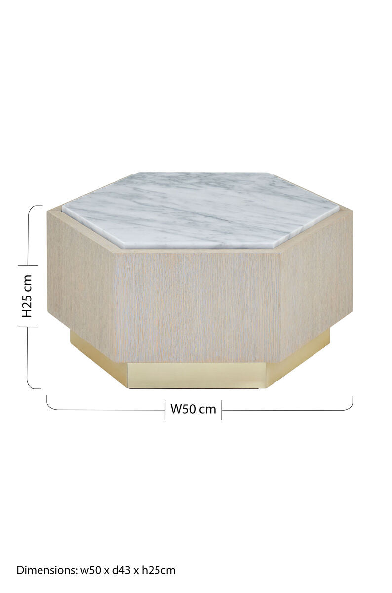 White Marble and Oak Wood Hexagon Side Table