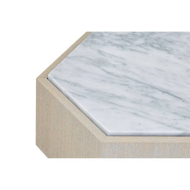 White Marble and Oak Wood Hexagon Side Table