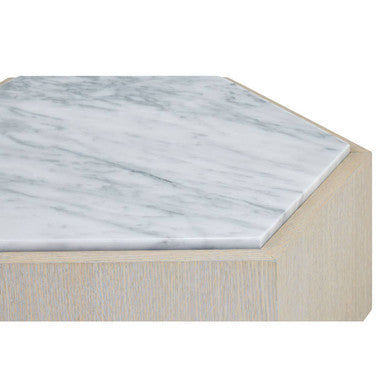 White Marble and Oak Wood Hexagon Side Table