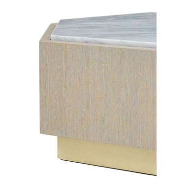 White Marble and Oak Wood Hexagon Side Table