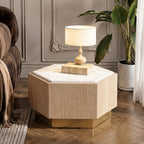 White Marble and Oak Wood Hexagon Side Table