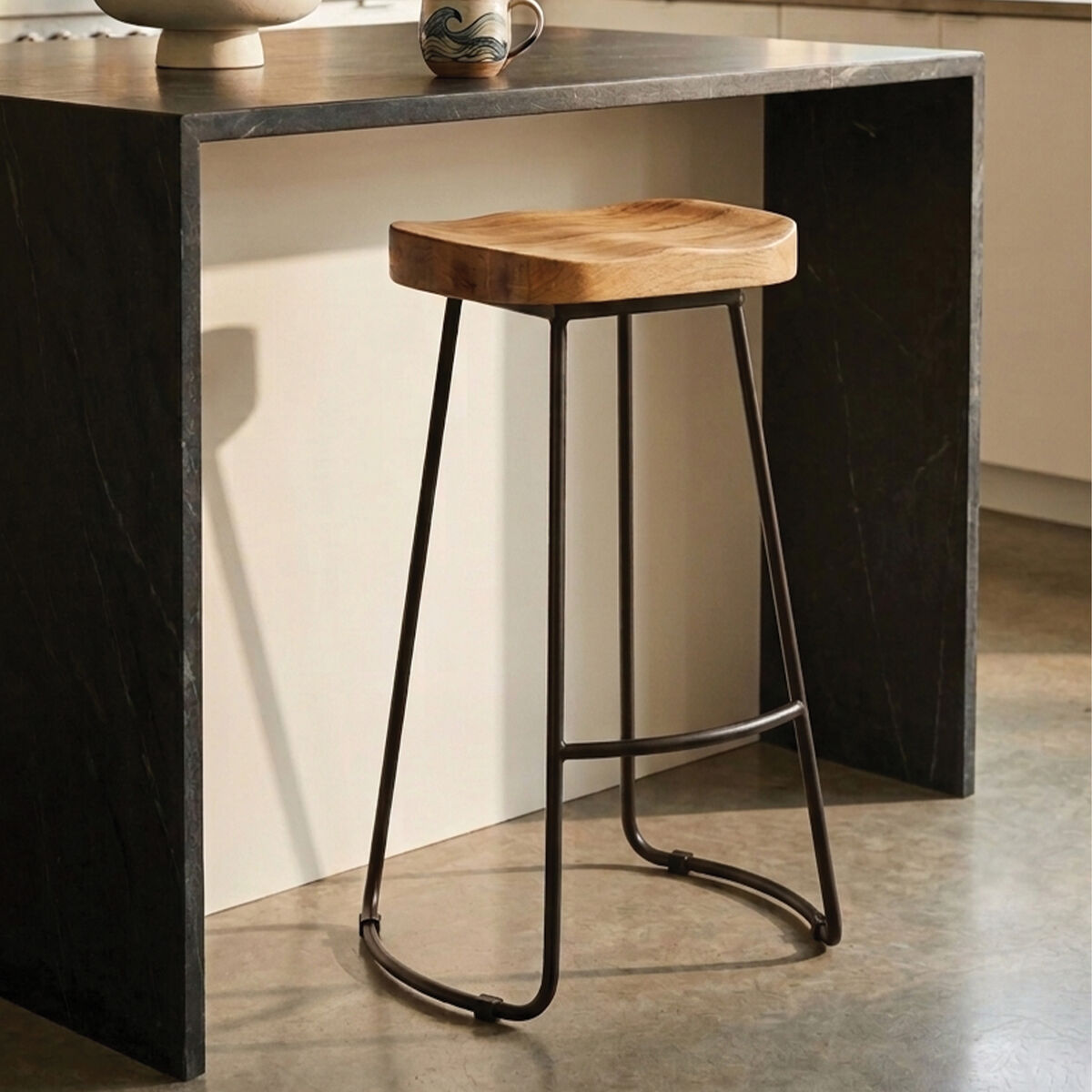 Natural Oak Wood Bar Stool with Black Finish Base