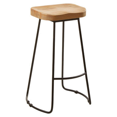 Oak Wood and Black Metal Bar Stool