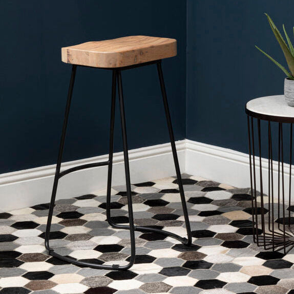 Oak Wood and Black Metal Bar Stool