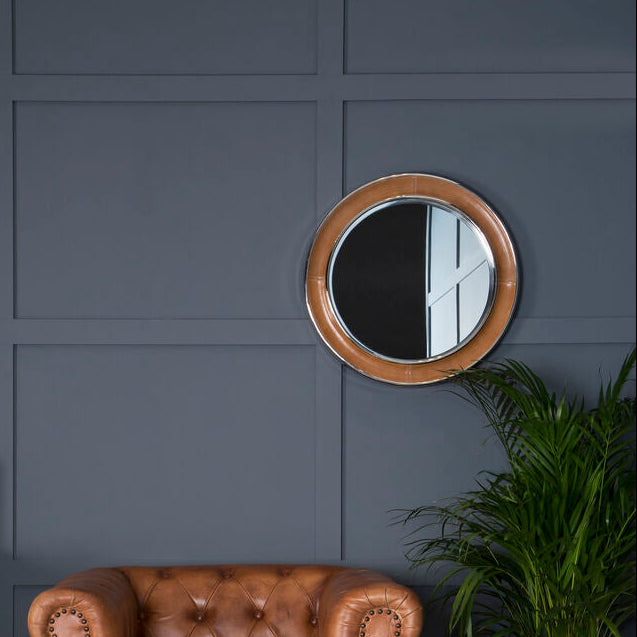 Tan Genuine Leather Round Wall Mirror