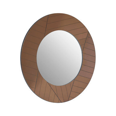 Brown Round Wall Mirror with Angular Frame Pattern