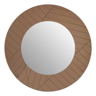 Brown Round Wall Mirror with Angular Frame Pattern