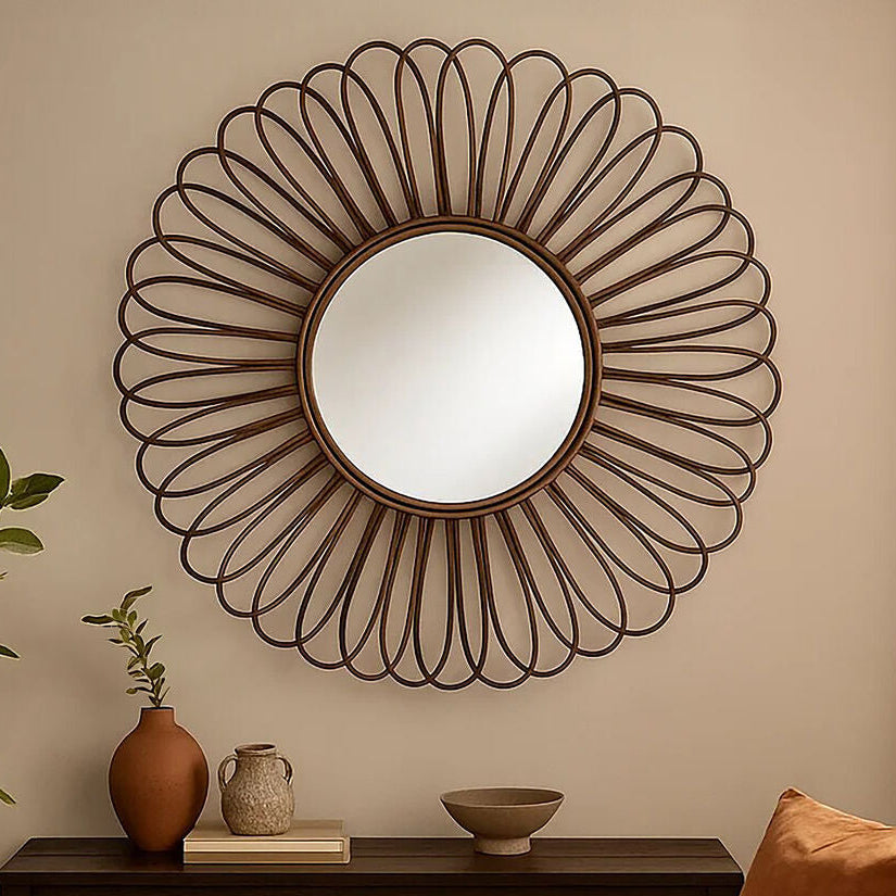 Rattan Black Circular Wall Mirror