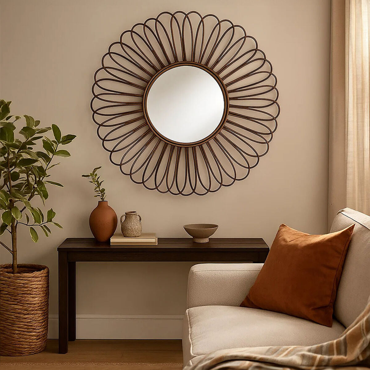 Rattan Black Circular Wall Mirror