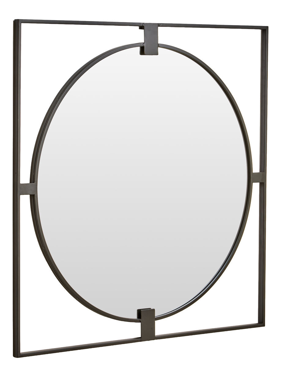 Large Square Black Metal Frame Round Insert Wall Mirror