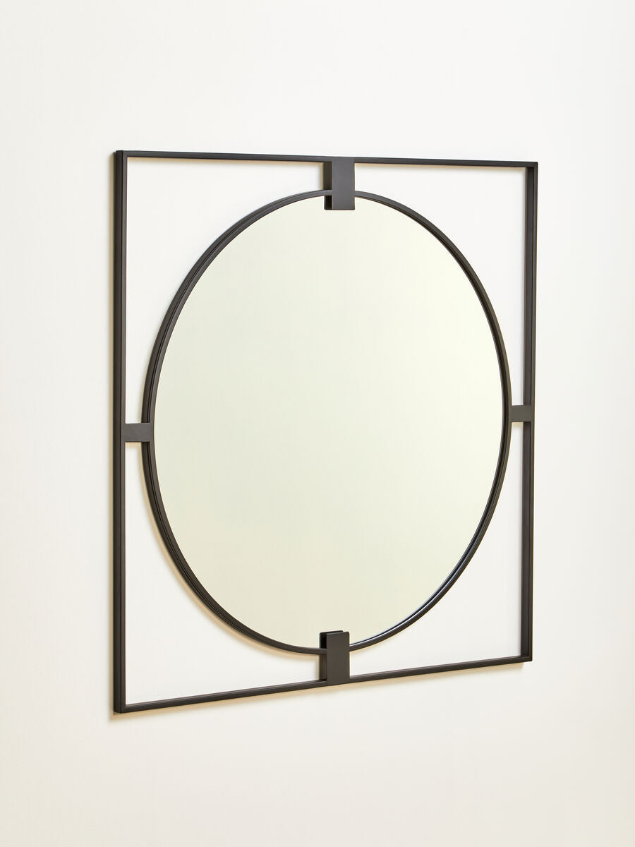 Large Square Black Metal Frame Round Insert Wall Mirror