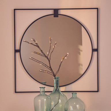 Large Square Black Metal Frame Round Insert Wall Mirror