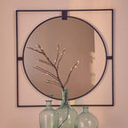 Large Square Black Metal Frame Round Insert Wall Mirror