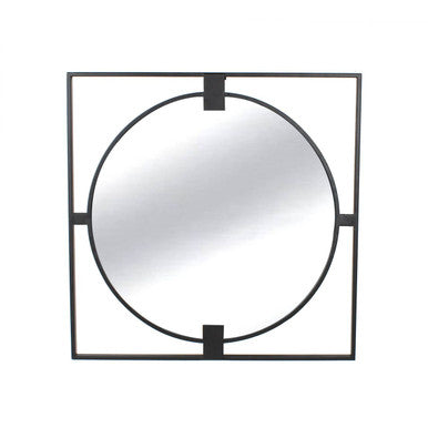 Small Square Black Metal Frame Round Insert Wall Mirror