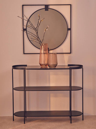 Small Square Black Metal Frame Round Insert Wall Mirror