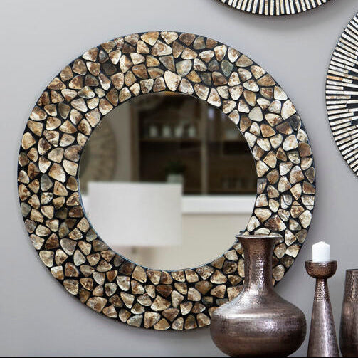 Round Black Wall Mirror with Seashell Inlay
