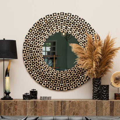 Round Black Wall Mirror with Shell Inlay