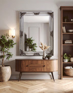 Silver Wooden Frame Wall Mirror with Floral Relief