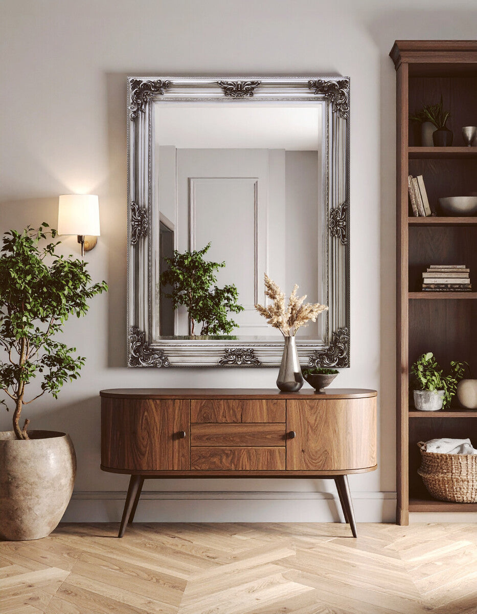 Silver Wooden Frame Wall Mirror with Floral Relief