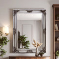 Silver Wooden Frame Wall Mirror with Floral Relief