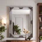 Silver Wooden Frame Wall Mirror with Floral Relief