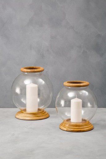Hurricane Small Candle Holder with Wood Rim