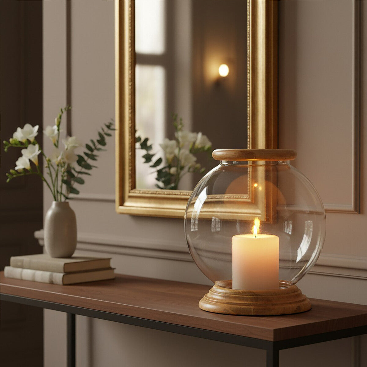 Hurricane Small Candle Holder with Wood Rim