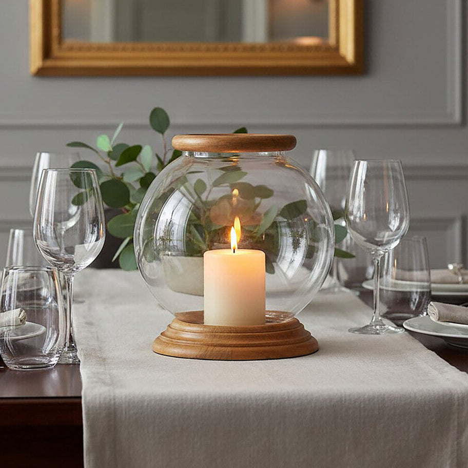 Hurricane Small Candle Holder with Wood Rim