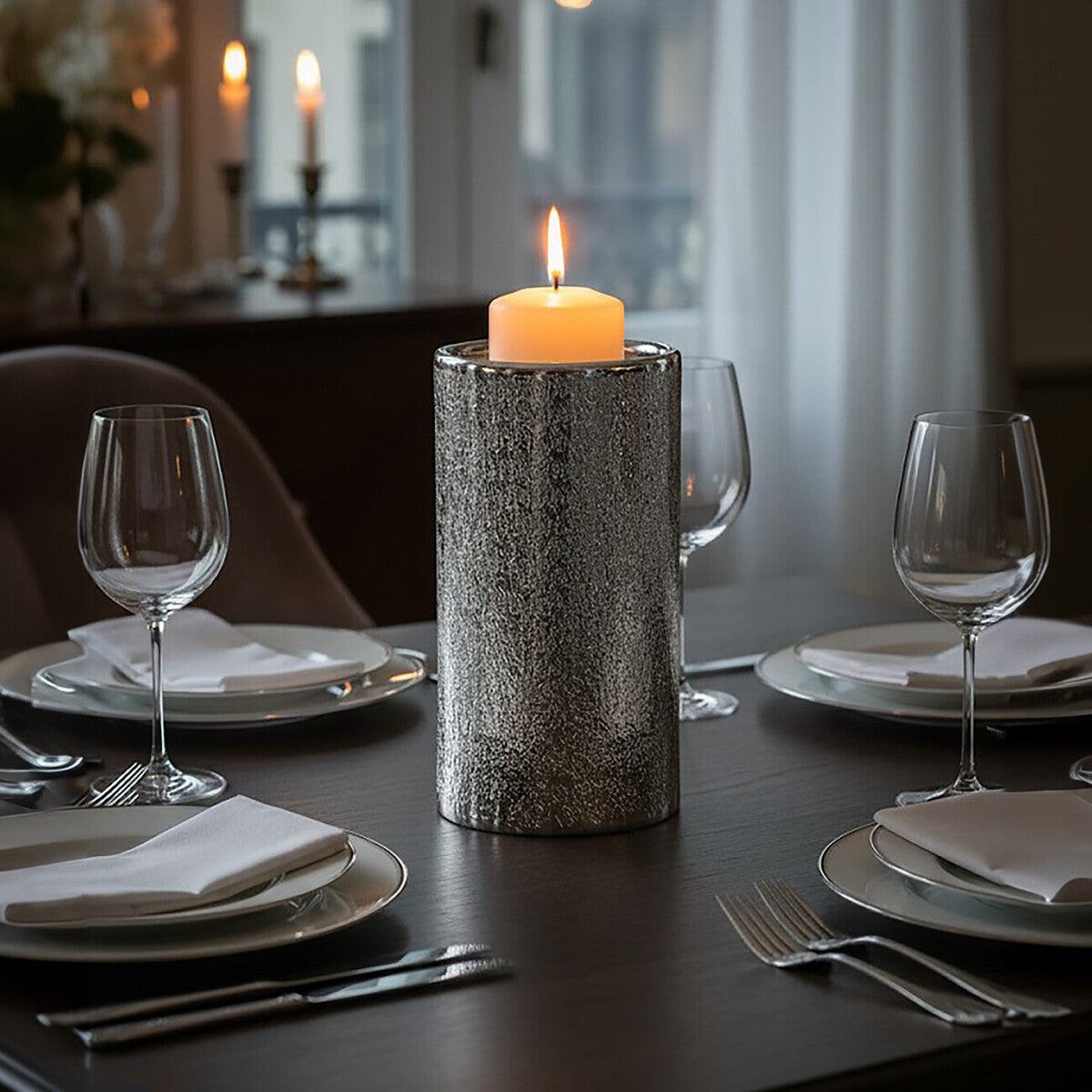 Silver Hammered Effect Large Candle Holder