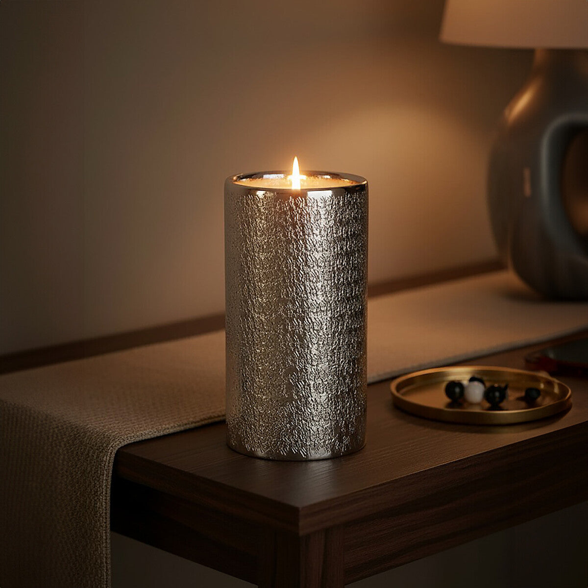 Silver Hammered Effect Large Candle Holder
