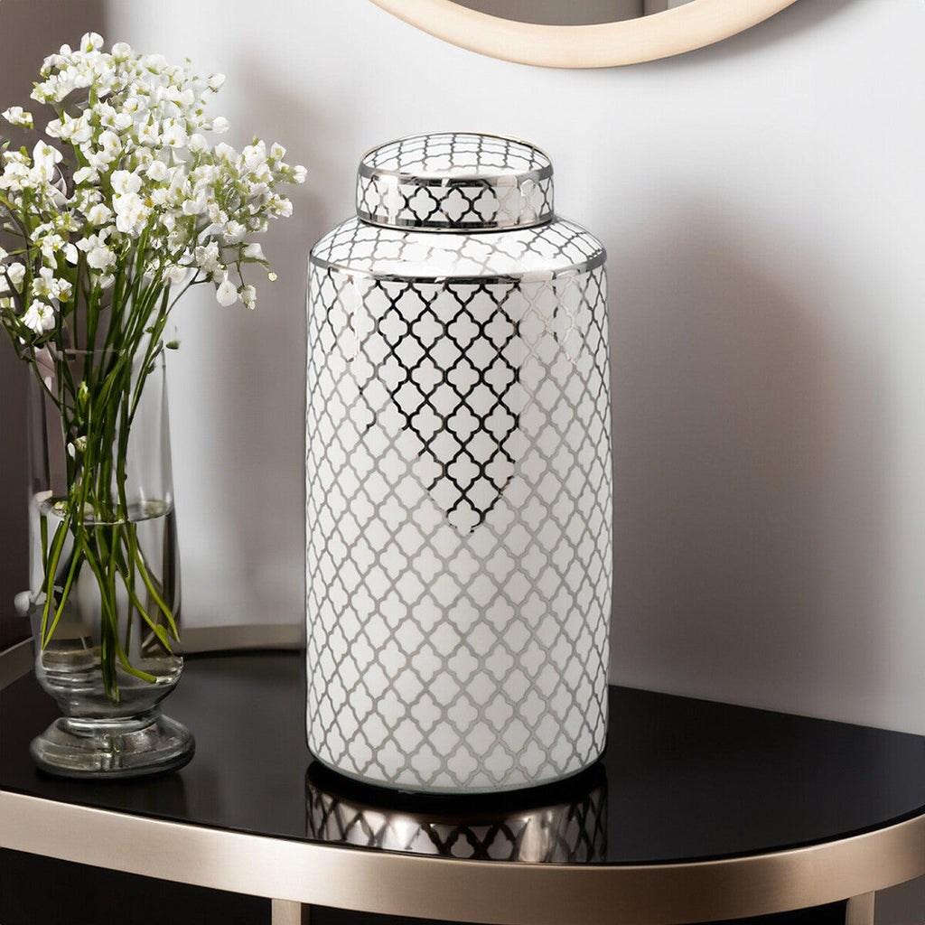 White and Silver Large Ceramic Jar