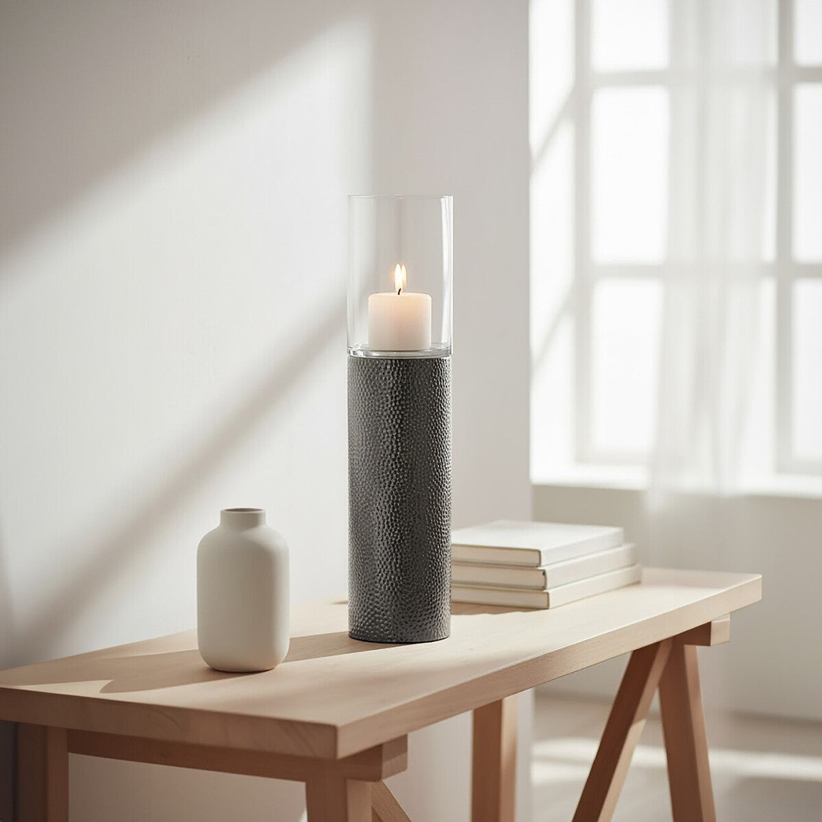 Large Hammered Metal Pillar Candle Holder