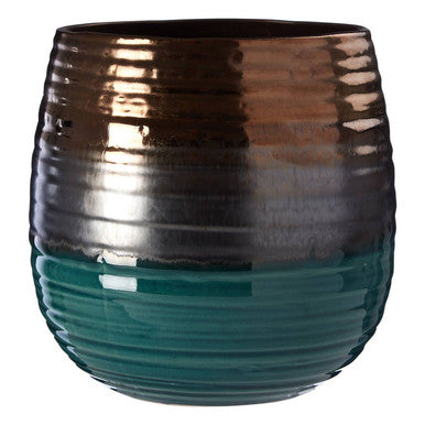 Gold and Blue Ribbed Ceramic Planter