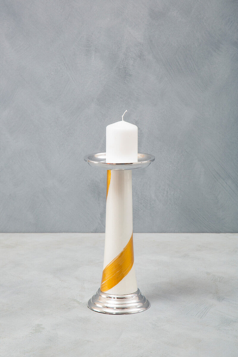 White and Gold Metal Candle Holder with Brushstroke Design
