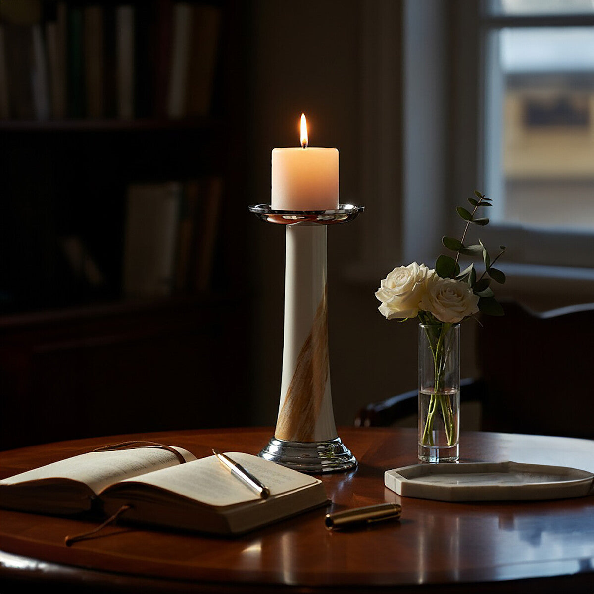White and Gold Metal Candle Holder with Brushstroke Design