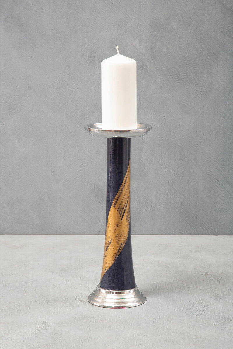 Blue and Gold Metal Candle Holder with Brushstroke Design