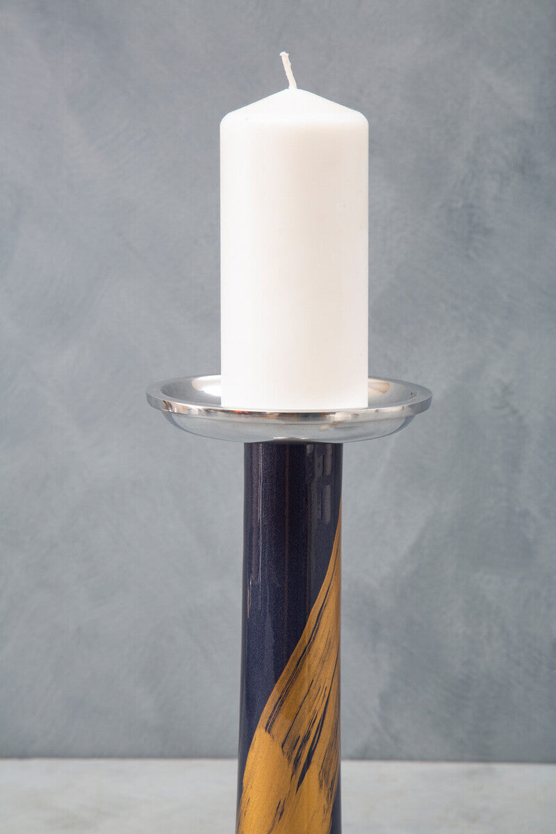 Blue and Gold Metal Candle Holder with Brushstroke Design