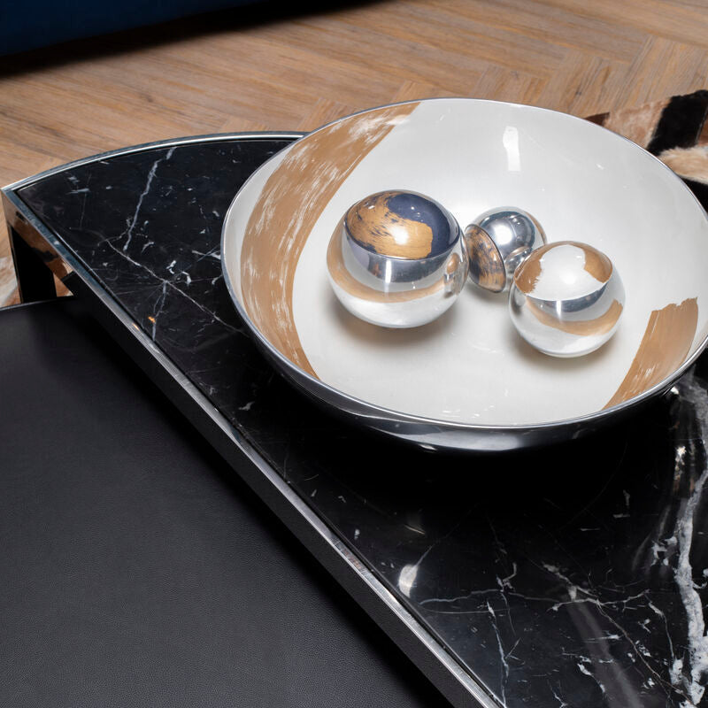White and Gold Aluminium Round Bowl with Brushstroke Design
